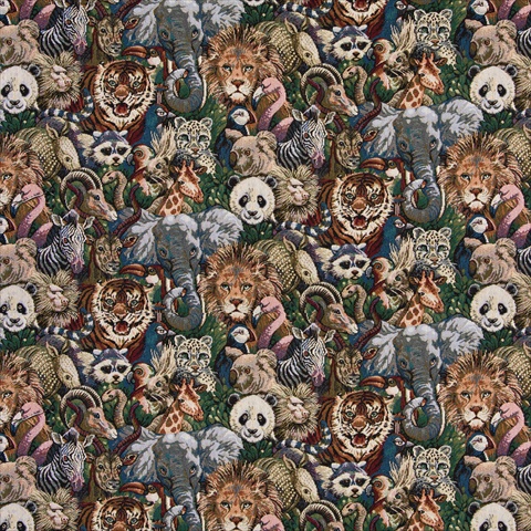 Picture of Designer Fabrics A017 54 in. Wide &#44; Lions&#44; Tigers&#44; Elephants&#44; Giraffes&#44; Pandas&#44; Zebras And Pelicans&#44; Themed Tapestry Upholstery Fabric