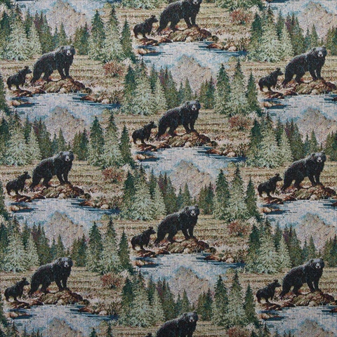 Picture of Designer Fabrics A019 54 in. Wide - Baby Black Bear Following Mom- Trees And Water- Themed Tapestry Upholstery Fabric