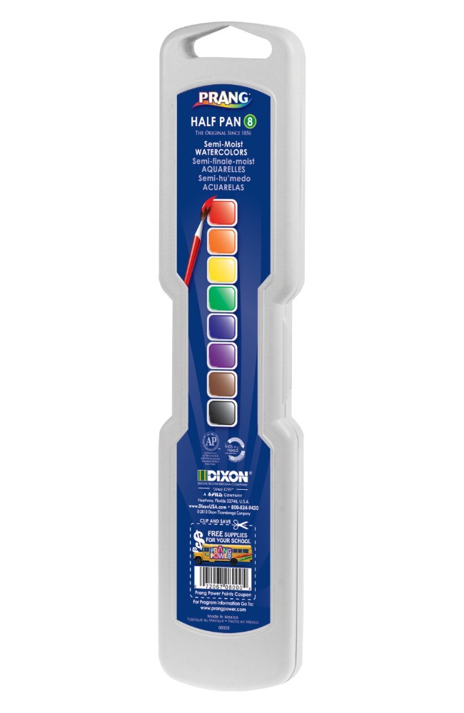 Non-Toxic Semi-Moist Wax-Free Watercolor Paint Set, Plastic Half Rectangular Pan, Assorted Colors, Set - 8