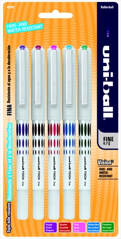 Vision Acid-Free Waterproof Roller Ball Pen- 0.7 Mm. Fine Tip- Assorted Color- Pack Of 5