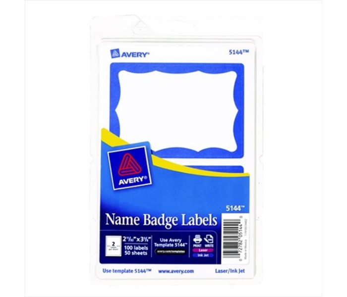 Picture of Avery 023506 Self-Adhesive Name Badge Label For Laser Or Inkjet Printers - 2.34 x 3.37 In. - Blue Border&#44; Pack Of 100