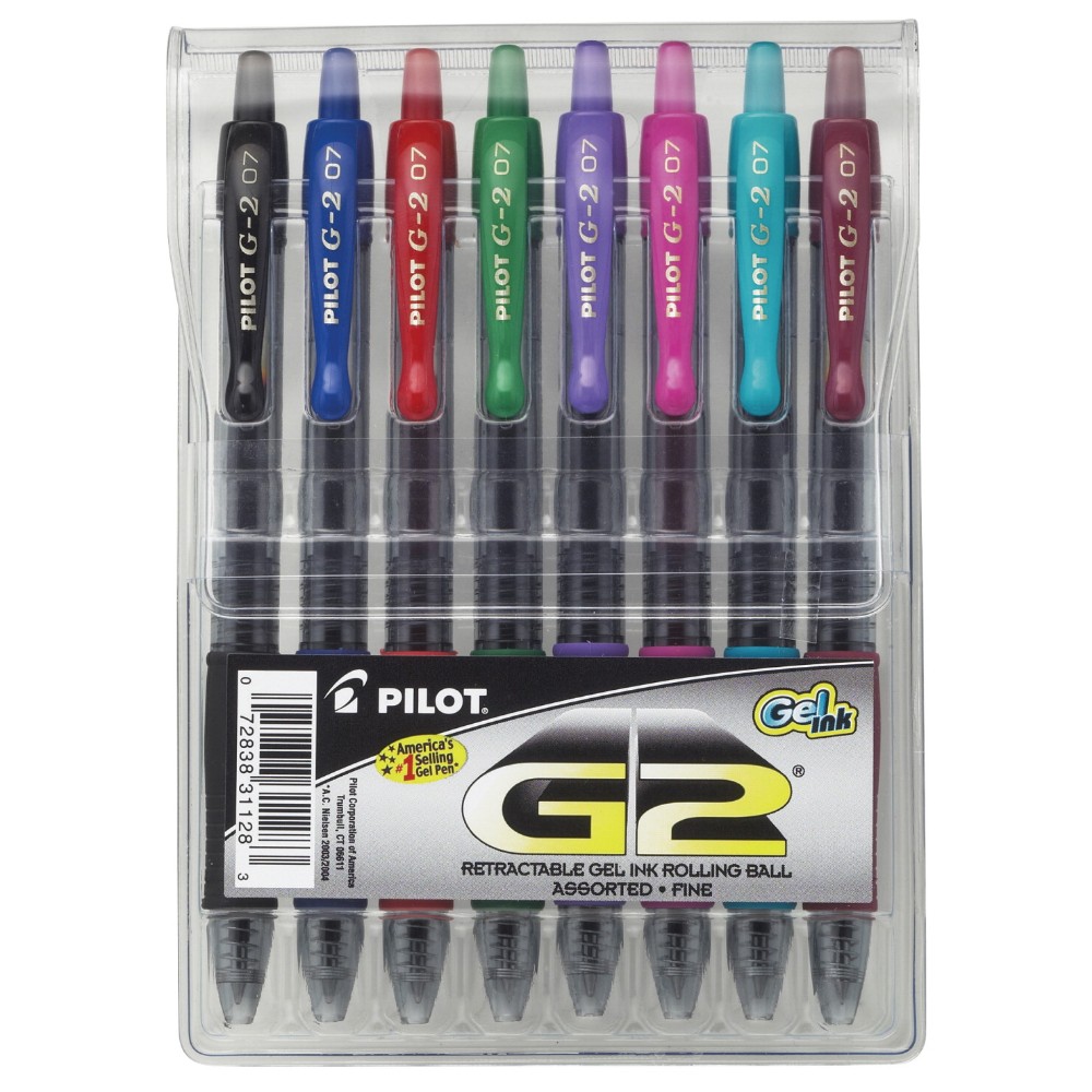 G-2 Retractable Water Resistant Gel Roller Ball Pen, Fine Tip, Assorted Color, Pack Of 8