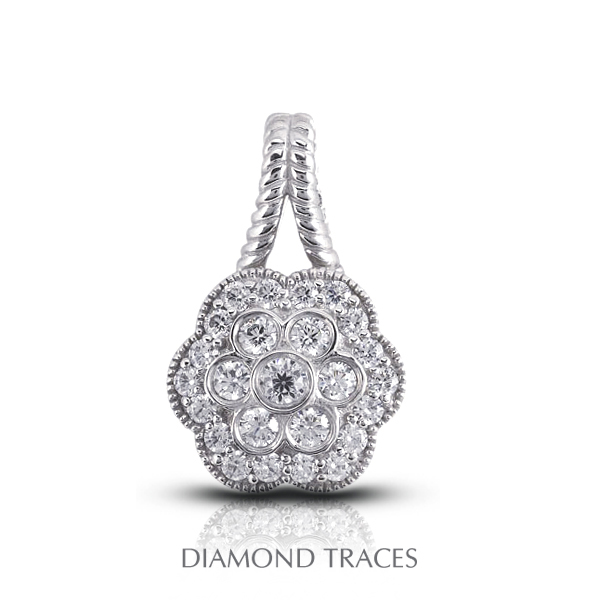 Diamond Traces 1.32 Carat Total Natural Diamonds 14K White Gold Pave & Bezel Setting Flower Shape With Rope Edging Fashi