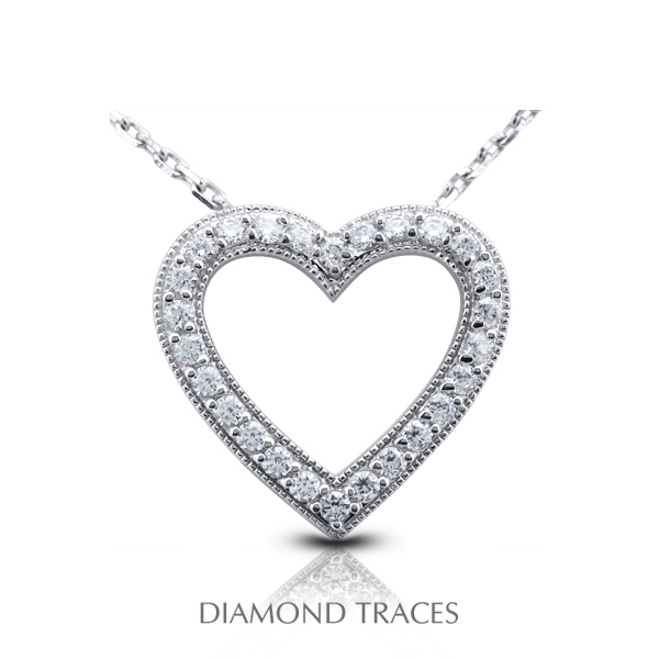 0.68 Carat Total Natural Diamonds 14K White Gold Prong Setting Heart Shape With Milgrain Fashion Pendant