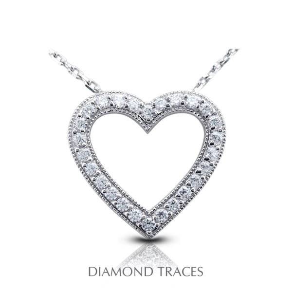 0.84 Carat Total Natural Diamonds 14K White Gold Prong Setting Heart Shape With Milgrain Fashion Pendant