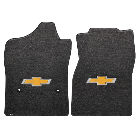 Silverado 1500 2014-2015 Std Cab 2 Piece Front Ebony Velourtex Gold Bowtie Logo Mat - Ebony.