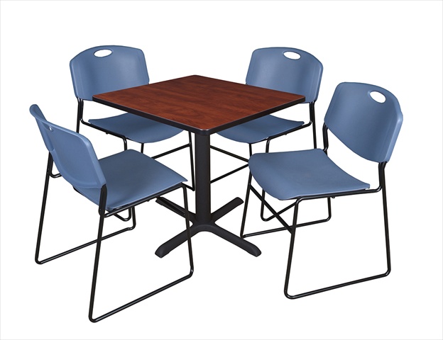 TB3030CH44BE 30 In. Square Laminate Table, Cherry & Cain Base With 4 Blue Zeng Stack Chairs