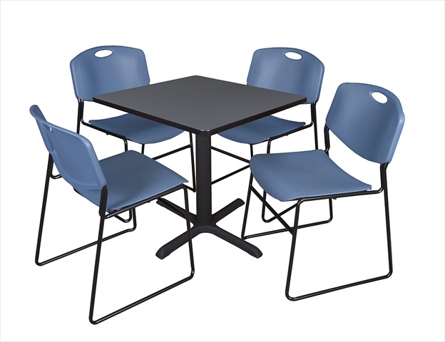 30 In. Square Laminate Table- Grey & Cain Base With 4 Blue Zeng Stack Chairs