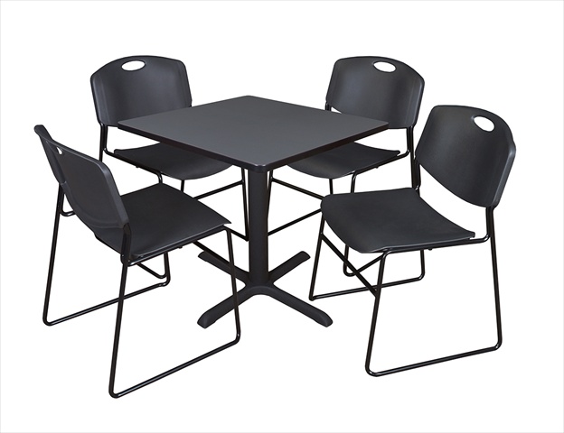 TB3030GY44BK 30 In. Square Laminate Table- Grey & Cain Base With 4 Black Zeng Stack Chairs -  Regency