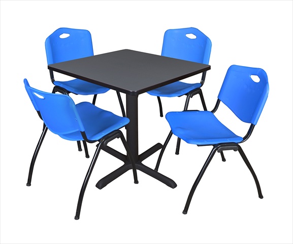 30 In. Square Laminate Table- Grey & Cain Base With 4 Blue M Stack Chairs