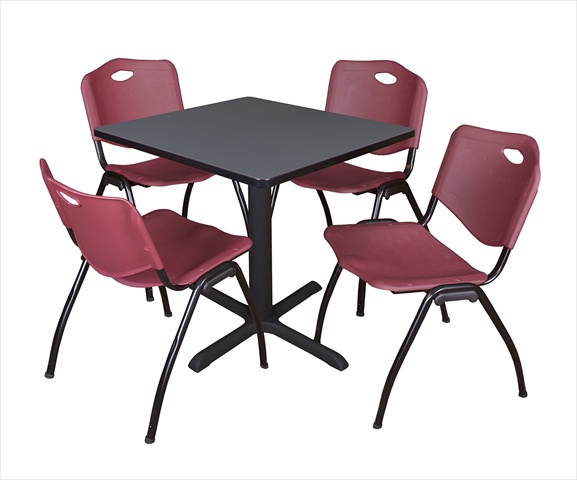 30 In. Square Laminate Table - Grey & Cain Base With 4 Burgundy M Stack Chairs
