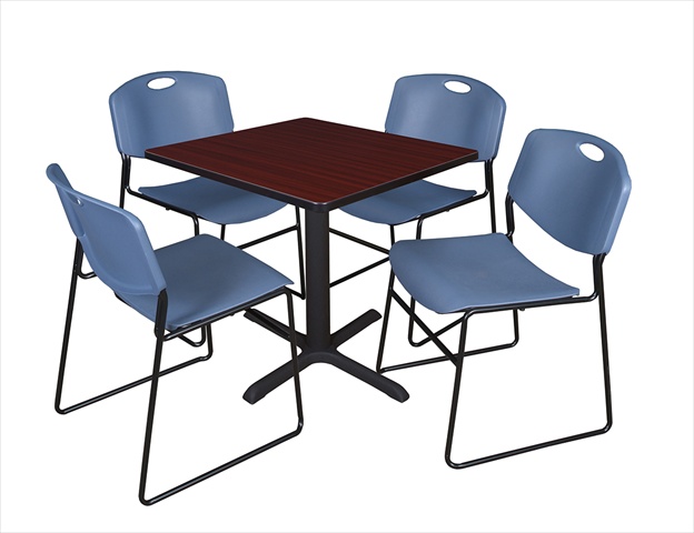 30 In. Square Laminate Table- Mahogany & Cain Base With 4 Blue Zeng Stack Chairs