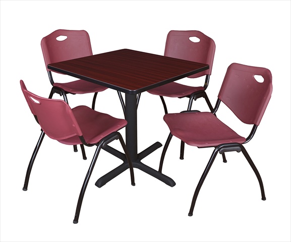 30 In. Square Laminate Table - Mahogany & Cain Base With 4 Burgundy M Stack Chairs