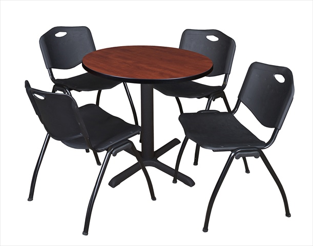 30 In. Round Laminate Table- Cherry & Cain Base With 4 Black M Stack Chairs