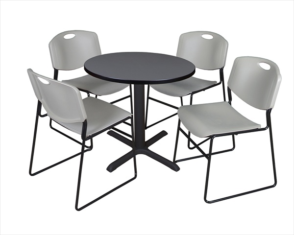 30 In. Round Laminate Table- Grey & Cain Base With 4 Grey Zeng Stack Chairs
