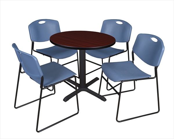 30 In. Round Laminate Table- Mahogany & Cain Base With 4 Blue Zeng Stack Chairs