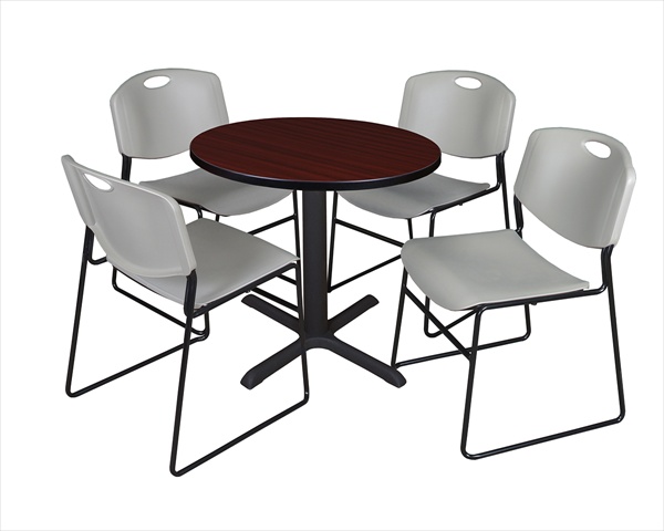 30 In. Round Laminate Table- Mahogany & Cain Base With 4 Grey Zeng Stack Chairs