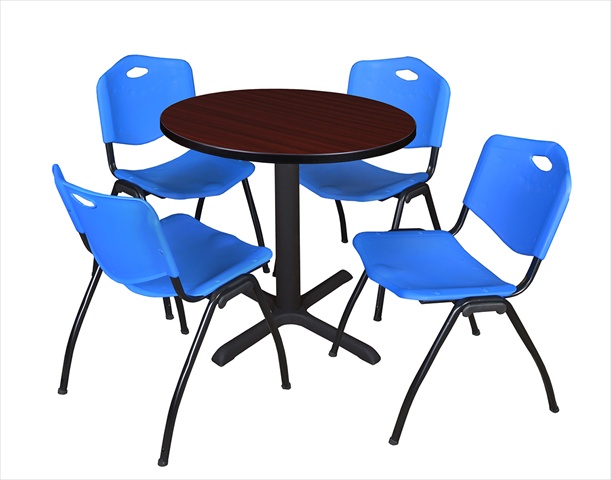 30 In. Round Laminate Table- Mahogany & Cain Base With 4 Blue M Stack Chairs
