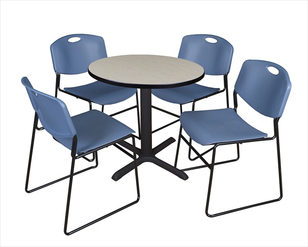 30 In. Round Laminate Table- Maple & Cain Base With 4 Blue Zeng Stack Chairs