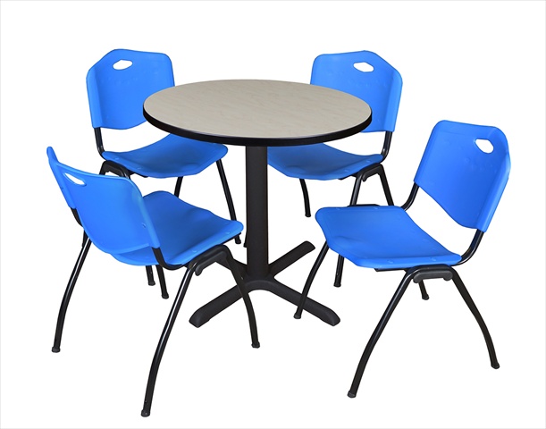 30 In. Round Laminate Table- Maple & Cain Base With 4 Blue M Stack Chairs