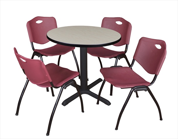 30 In. Round Laminate Table - Maple & Cain Base With 4 Burgundy M Stack Chairs