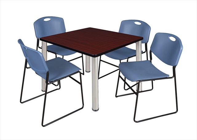 36 In. Square Mahogany Table & Chrome Post Legs With 4 Blue Zeng Stack Chairs