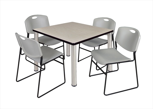 36 In. Square Maple Table & Chrome Post Legs With 4 Grey Zeng Stack Chairs