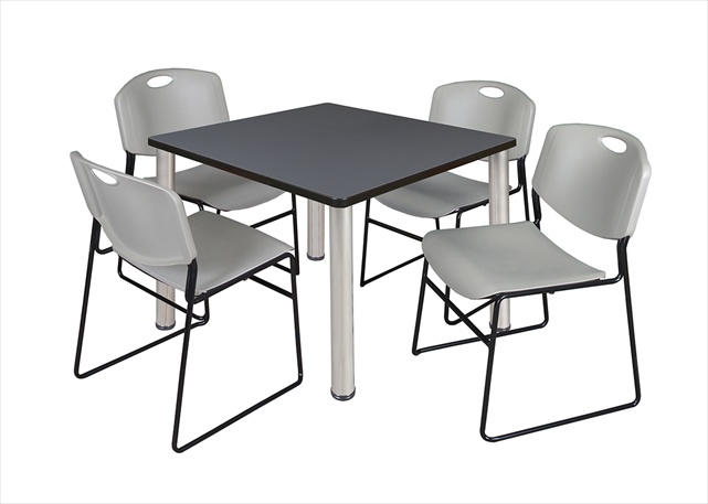 36 In. Square Grey Table & Chrome Post Legs With 4 Grey Zeng Stack Chairs