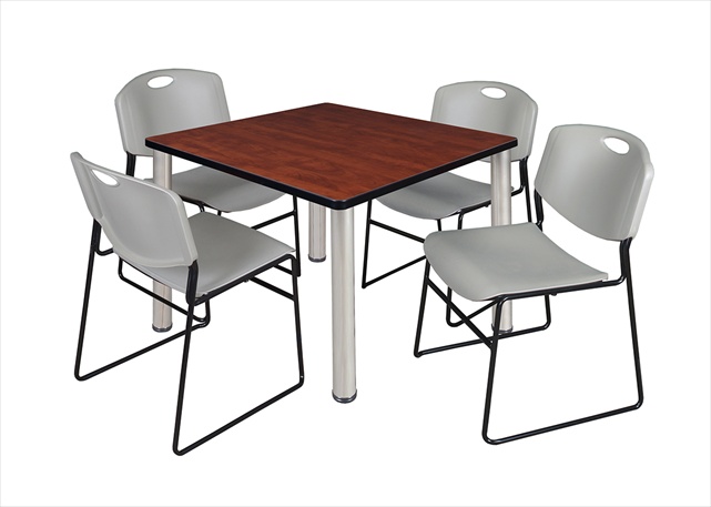 42 In. Square Cherry Table & Chrome Post Legs With 4 Grey Zeng Stack Chairs
