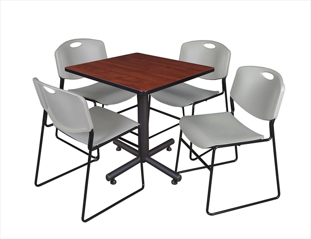 30 In. Square Laminate Table - Cherry & Kobe Base With 4 Zeng Stacker Chairs - Grey
