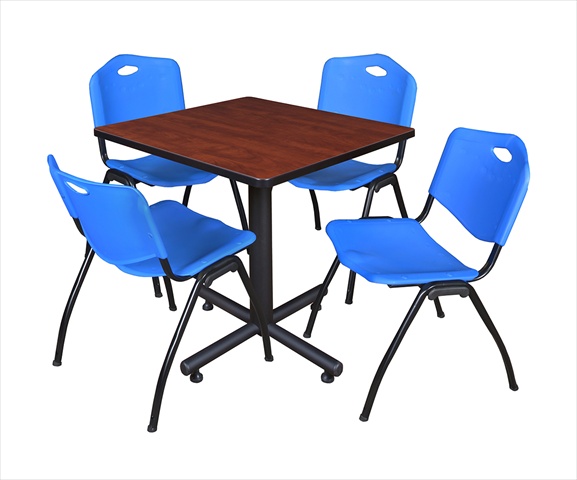 30 In. Square Laminate Table - Cherry & Kobe Base With 4 M Stacker Chairs - Blue