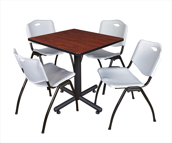 30 In. Square Laminate Table - Cherry & Kobe Base With 4 M Stacker Chairs - Grey