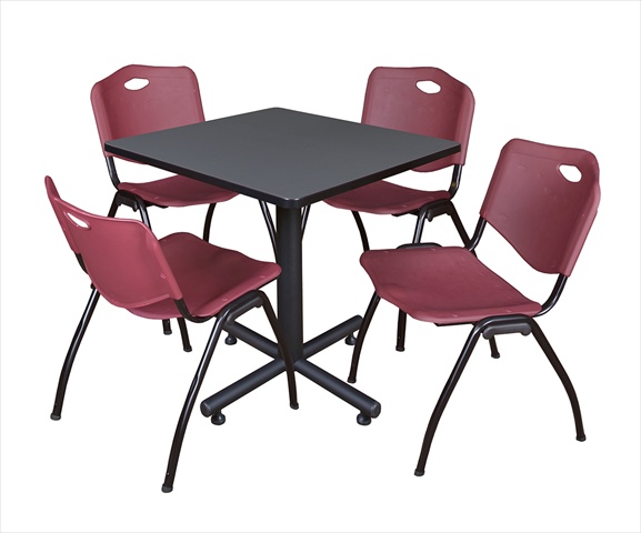 30 In. Square Laminate Table - Grey & Kobe Base With 4 M Stacker Chairs - Burgundy