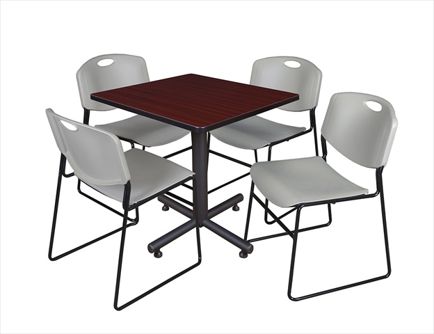 30 In. Square Laminate Table- Mahogany & Kobe Base With 4 Zeng Stacker Chairs- Grey