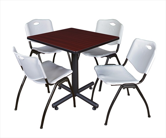 30 In. Square Laminate Table- Mahogany & Kobe Base With 4 M Stacker Chairs- Grey