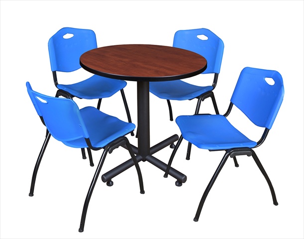 30 In. Round Laminate Table, Cherry & Kobe Base With 4 M Stacker Chairs, Blue