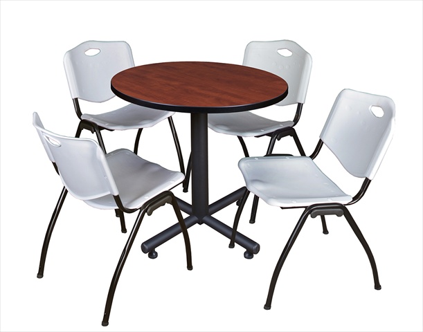30 In. Round Laminate Table, Cherry & Kobe Base With 4 M Stacker Chairs, Grey