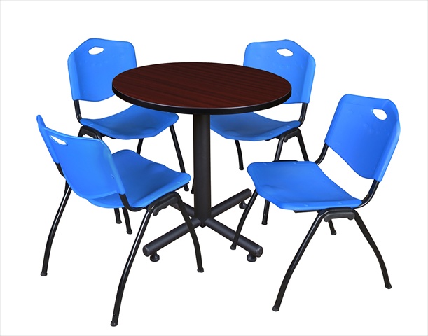 30 In. Round Laminate Table- Mahogany & Kobe Base With 4 M Stacker Chairs- Blue