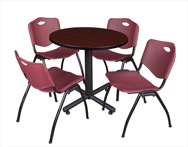 30 In. Round Laminate Table - Mahogany & Kobe Base With 4 M Stacker Chairs - Burgundy