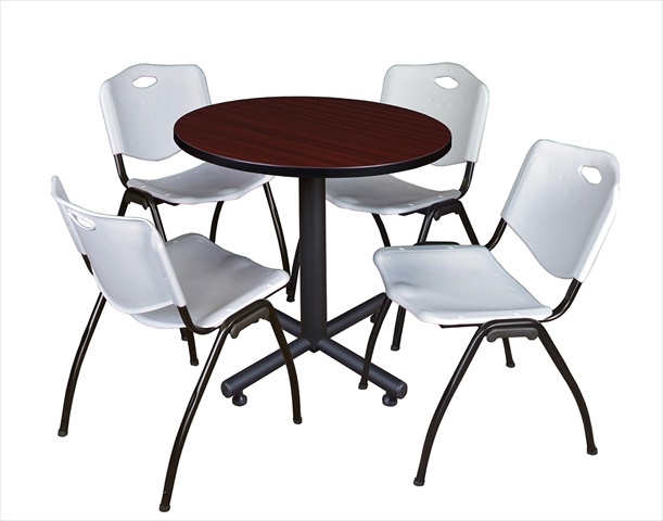30 In. Round Laminate Table- Mahogany & Kobe Base With 4 M Stacker Chairs- Grey