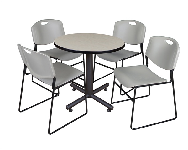 30 In. Round Laminate Table, Maple & Kobe Base With 4 Zeng Stacker Chairs, Grey
