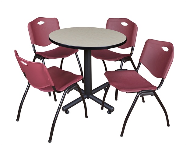 30 In. Round Laminate Table - Maple & Kobe Base With 4 M Stacker Chairs - Burgundy