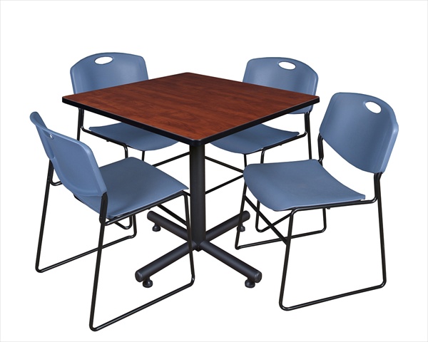 36 In. Square Laminate Table- Cherry & Kobe Base With 4 Zeng Stacker Chairs- Blue