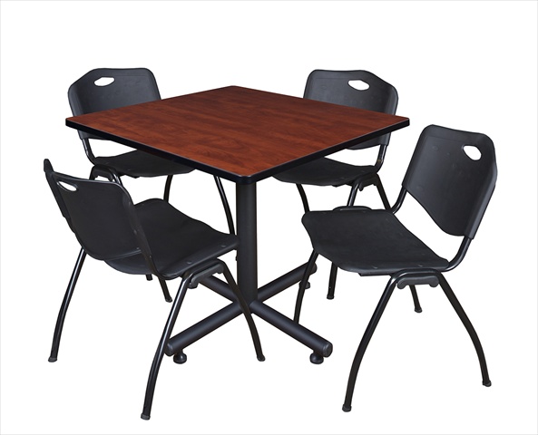 36 In. Square Laminate Table- Cherry & Kobe Base With 4 M Stacker Chairs- Black