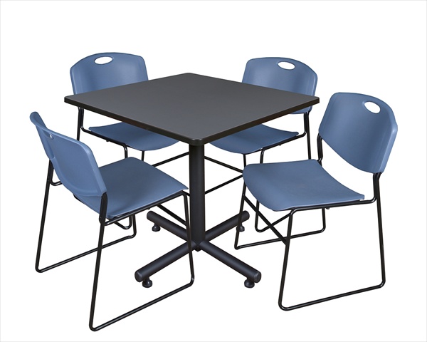 36 In. Square Laminate Table- Grey & Kobe Base With 4 Zeng Stacker Chairs- Blue