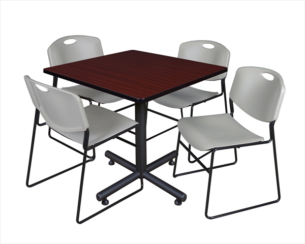 36 In. Square Laminate Table- Mahogany & Kobe Base With 4 Zeng Stacker Chairs- Grey