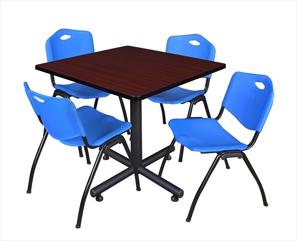 36 In. Square Laminate Table- Mahogany & Kobe Base With 4 M Stacker Chairs- Blue