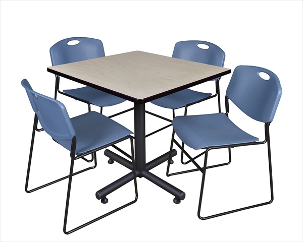36 In. Square Laminate Table- Maple & Kobe Base With 4 Zeng Stacker Chairs- Blue