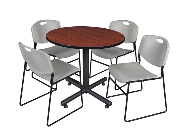 36 In. Round Laminate Table- Cherry & Kobe Base With 4 Zeng Stacker Chairs- Grey