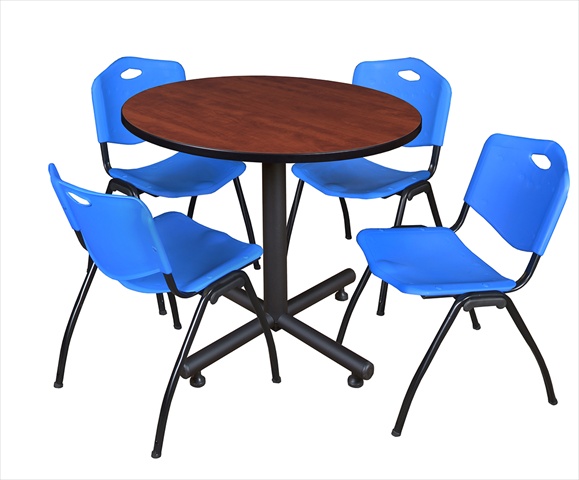 36 In. Round Laminate Table- Cherry & Kobe Base With 4 M Stacker Chairs- Blue